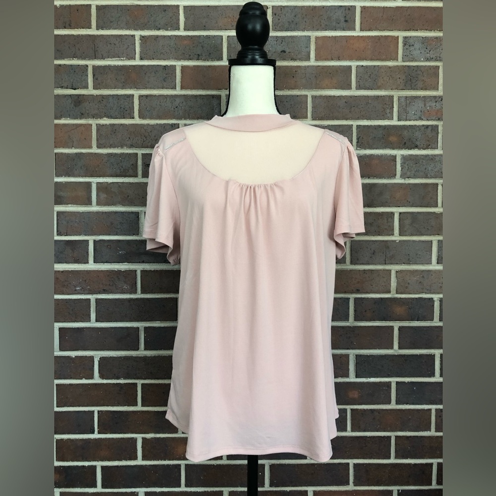 Adrienne Vittadini Pink Mock Turtleneck Mesh Flutter Sleeve Bling detail Top XL